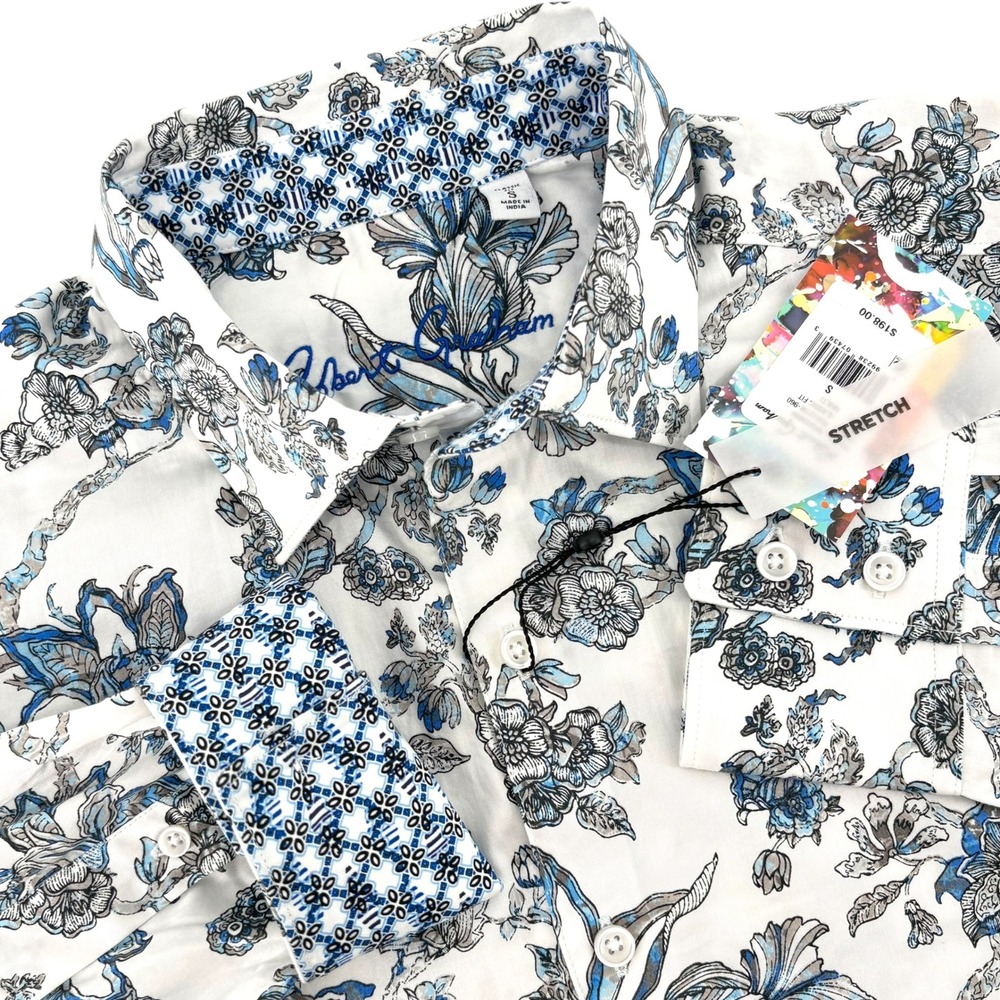 Robert Graham McGowan Mens Small White Blue Floral Stretch Shirt RS6121M-960 NEW